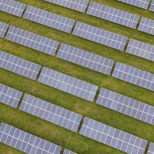 Solar panel rows in a green field