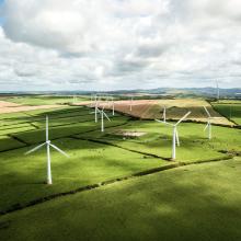 Wind Turbines In Field with sunshine
