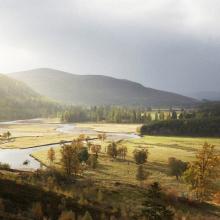 A scenic landscape featuring a winding river flowing through a wide, open valley. 