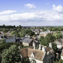 Aerial view over streets, houses and trees in Britain