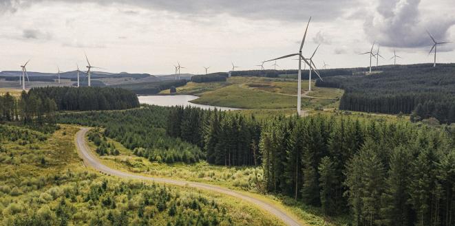 Wind Turbines across land with a country road and trees