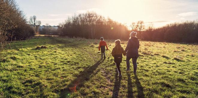 family walking through field in sunset