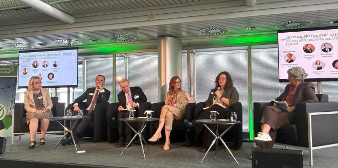 Cathy Fraser at the Renewables Grid Initiative (RGI) A panel discussion is taking place in a modern conference room with 6 seated speakers on stage.