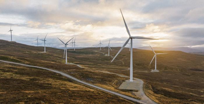 Wind turbines in field with sunset
