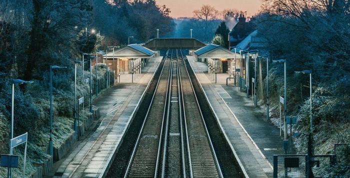 Empty railway station on a frosty morning