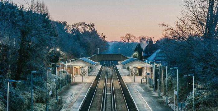 Empty railway station on a frosty morning