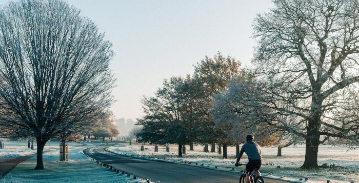 Person cycling on a straight road with frost on the trees and ground