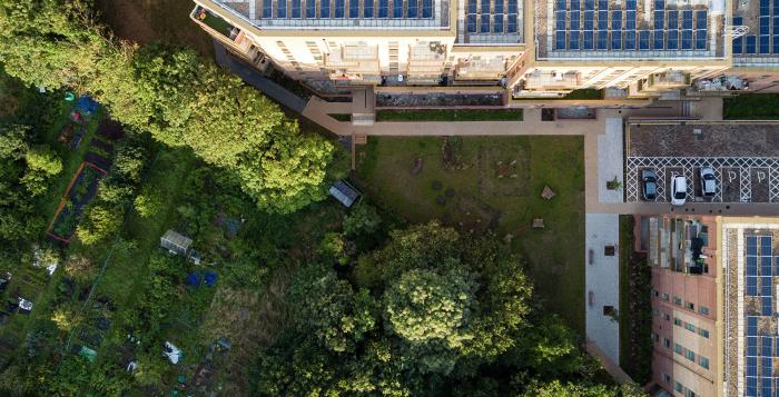 top of flats with solar panels and allotments