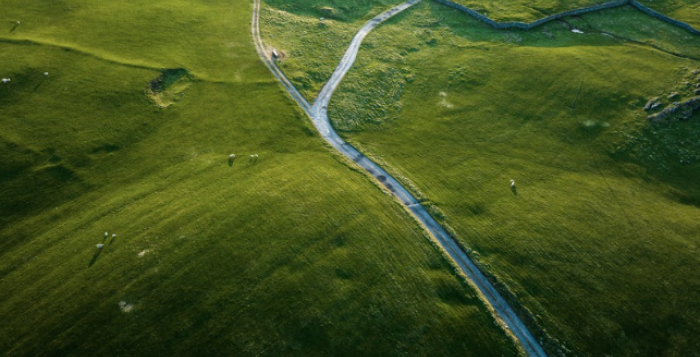 Single track country road through fields photo taken from above GettyImages-1486256079